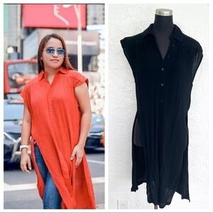 Wayf Tunic Top Small Womens Pleated Split Button Up Blouse Black